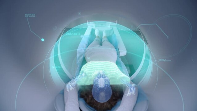 Woman undergoes MRI or CT scan, lies on bed inside the machine. Visual effects of scanning female patient brain and body. High-tech equipment in modern medical lab with augmented reality technologies.