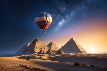 Hot air balloon flying over the pyramids of Giza, Egypt - Powered by Adobe
