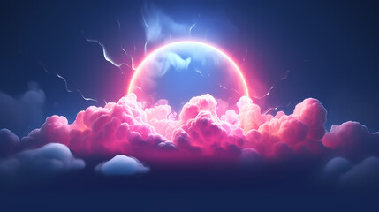 Mysterious geometric shapes with neon effects and magical clouds