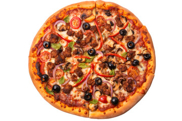 Whole Pepperoni Italian pizza. Homemade meat, vegetables, mushrooms, and tomato on transparent background