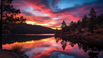 Tranquil mountain landscape with colorful sunset sky reflected in calm lake waters