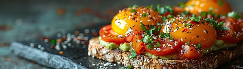 A vibrant close-up of avocado toast showcases the creamy texture of perfectly ripe avocado, accented by colorful toppings and a drizzle of glistening olive oil - Powered by Adobe