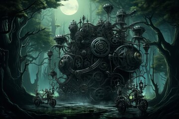 In a dark, mysterious forest, towering trees with bioluminescent leaves absorb moonlight to power an eerie, antique mechanical contraption. Intricate machinery with organic elements