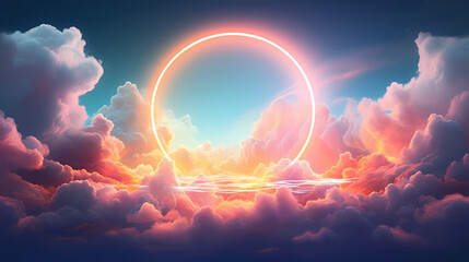 Mysterious geometric shapes with neon effects and magical clouds