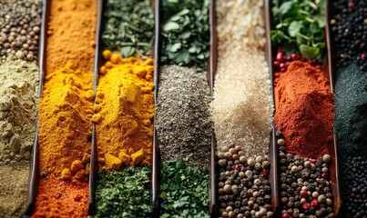 Close up on exotic spices and herbs showcasing their vibrant colors
