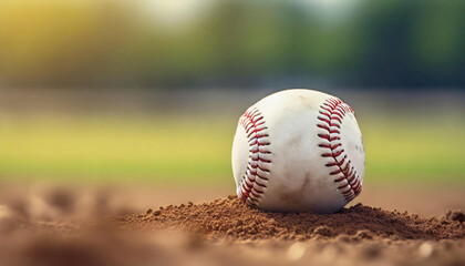 Leather baseball lying on the ground on a baseball field. Professional active sport.