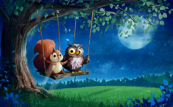 Owls and squirrels sit together on a swing under a big tree at night accompanied by twinkling starlight