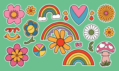 Set of vintage groovy elements and characters y2k cute flower stickers