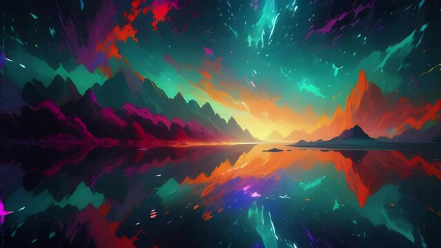 Colorful mountains landscape. High mountains and beautiful starry sky. Bright animation with image transformations and metamorphose. AI generated video