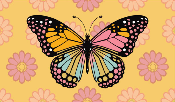 70s retro abstract butterfly illustration print with colorful flowers for t shirt print
