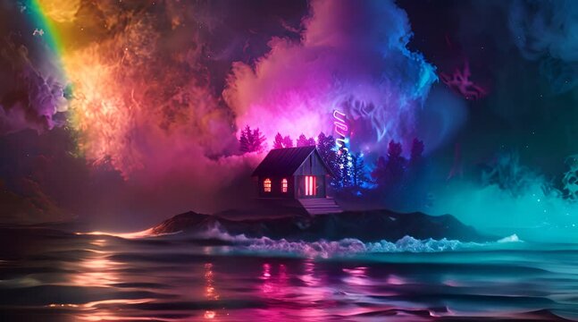 miniature house with river and pink and dark clouds