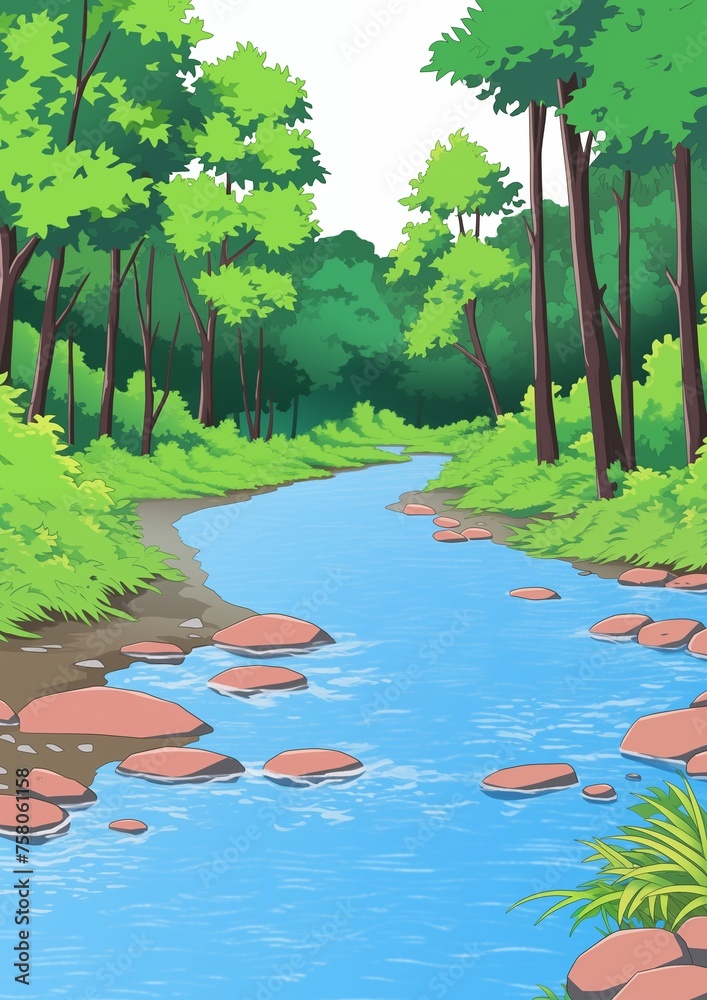 Wall mural Landscape with Forest River Illustration