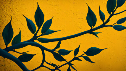 Branches and leaves leave shadows on a yellow wall, background image with space for text
