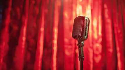 Classic Vintage Microphone on Stand with Red Curtain Background 