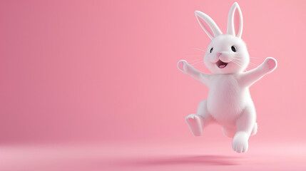 3d render of a cute white rabbit jumping on pink background