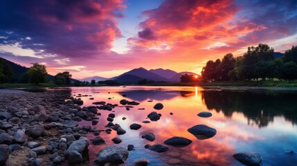 Tranquil mountain landscape  sunset sky reflects in serene lake, capturing vibrant evening colors