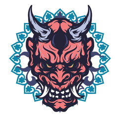 Elegance, Playful, Masculine, Cool, Colorful Japanese Shinigami, Hannya, Oni, Demon With Mandala Symbol Character Mascot Illustration Vector Tattoo, T-shirt Design, Apparel And Clothing On White Backg