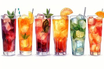A refreshing mix of colorful cocktails with ice, mint, lime, and fruity flavors.