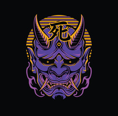 Elegance, Playful, Masculine, Cool, Colorful Cartoon Japanese Oni Demon Cyberpunk And Gaming Style Character Mascot Illustration Vector  On Black Background