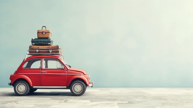 Cute little red car on a plain background with luggage on top. Vacation concept with copy space for your text