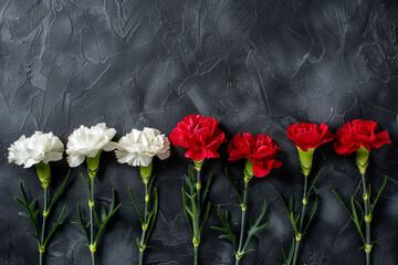 Carnation flowers with candle on black background. Copy Space. Generative AI.