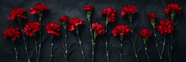 Red Carnation flowers in line on the black background. Copy Space. Generative AI.
