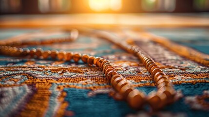 Muslim prayer beads on prayer mat, Islamic Islam faith hajj ramadan Eid Fitr Adha - obrazy, fototapety, plakaty