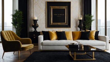 Interior of modern living room with yellow walls, wooden floor, black sofa and gold coffee table