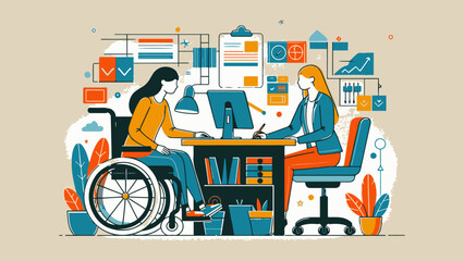 young woman in a wheelchair working with a female colleague in an office