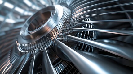 A close up illustration of a jet engine turbine showcasing the intricate blades and titanium components symbolizing cutting edge aerospace technology - obrazy, fototapety, plakaty