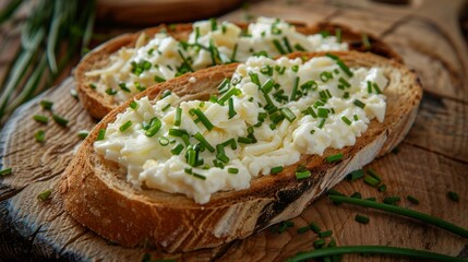 Rye bread egg bruscetta with cheese and greens. - obrazy, fototapety, plakaty