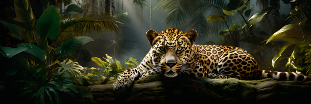 Realistic 3D Rendered Leopard Resting on a Tree Branch in a Vibrant Jungle Scene Full of Life: A Stunning Display of CG Animals