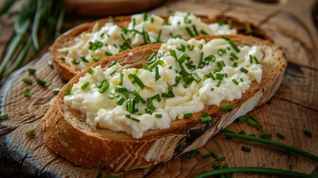 Rye bread egg bruscetta with cheese and greens.