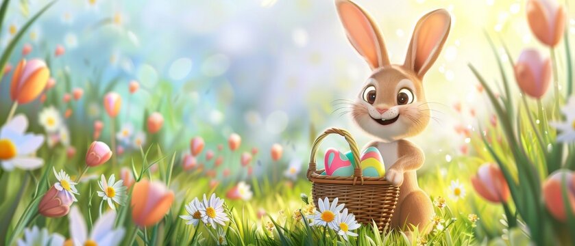 A joyful rabbit with a basket of Easter eggs set against a backdrop of a sunny meadow with blooming wildflowers