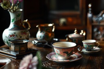A traditional tea ceremony with delicate porcelain teacups and intricate tea sets - obrazy, fototapety, plakaty
