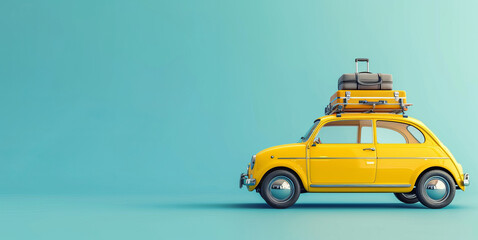 Cute little yellow car on a blue background with luggage on top. Vacation concept with copy space for your text