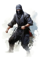 Watercolor sketch of Japanese ninja assassin in black clothers - 758063528