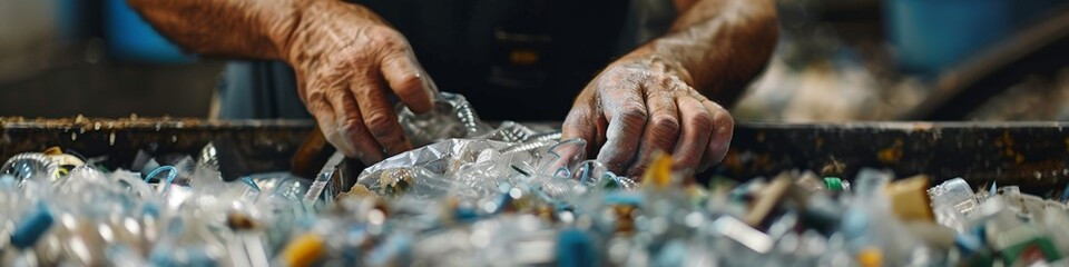 Close up on hands at work in recycling facility sorting plastic a vital link in the chain of environmental stewardship and waste management - obrazy, fototapety, plakaty