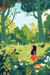 Cartoon style serene park with a young girl deep in a fairy tale surrounded by imaginative meadow creatures © Virtual Art Studio