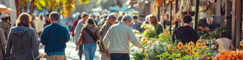 Bustling farmers market on a sunny morning with vendors selling fresh produce flowers and local goods and shoppers browsing stalls