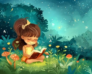 Cartoon young girl reading a fairy tale in a meadow serene park atmosphere imaginative creatures © Virtual Art Studio