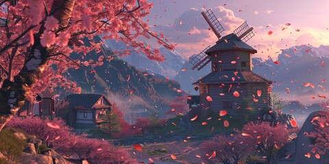 Cherry blossoms fluttering around a windmill where a detective enjoys an espresso after a mountain bike chase