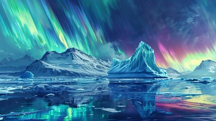 Crystal icebergs reflecting auroras in a tranquil arctic sea shimmering colors dancing on icy surfaces