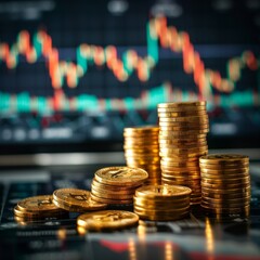 Coin stacks on financial chart with trading screen investment analysis