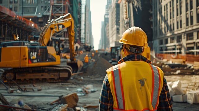 Construction Worker Overseeing Site with Heavy Machinery