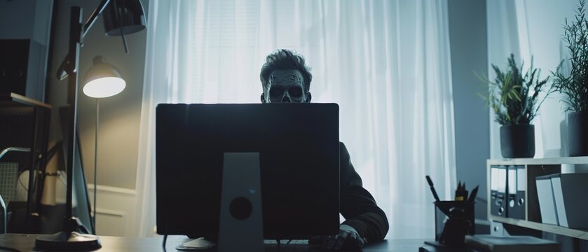 Business zombie on a video call displaying a professional yet haunted look in a minimalist office with subtle gothic elements