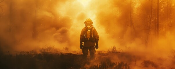 Firefighter standing in a smoky flame engulfed forest gas mask reflecting the fiery glow - obrazy, fototapety, plakaty