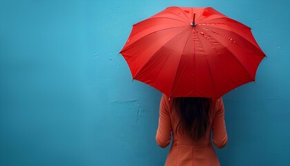 Girl with red umbrella on blue background with her back turned to the camera. Girl holding umbrella in front of a background. Person under umbrella