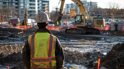 Fototapeta premium Construction Worker Overseeing Site with Heavy Machinery