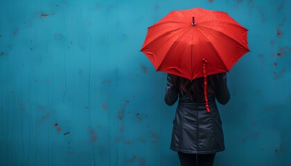 Girl with red umbrella on blue background with her back turned to the camera. Girl holding umbrella in front of a background. Person under umbrella